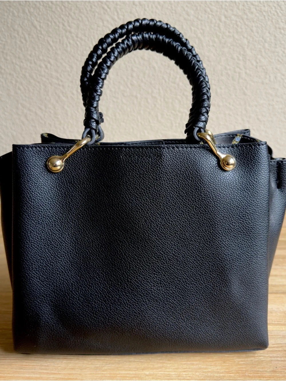 Steve Madden Black Satchel with Gold Hardware and Braided Handles